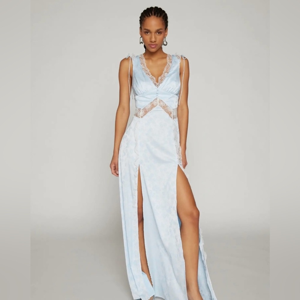 For Love and Lemons “Hattie” Fun & Elegant Light Blue Lace Trim Dress
